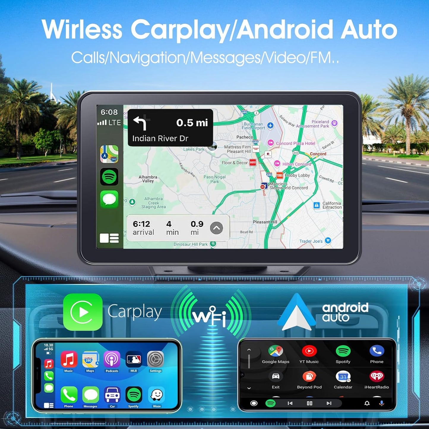 Wireless Carplay Screen for Car, 7" HD Portable Stereo Touchscreen with Apple Carplay & Android Auto, Carplay Screen with Backup Camera, Mirror Link, Bluetooth, Navigation for All Vehicle