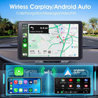 Wireless Carplay Screen for Car, 7" HD Portable Stereo Touchscreen with Apple Carplay & Android Auto, Carplay Screen with Backup Camera, Mirror Link, Bluetooth, Navigation for All Vehicle